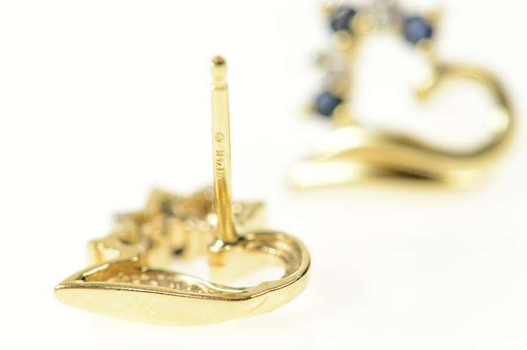 14K Yellow Gold Classic Sapphire Diamond Heart Stud Earrings