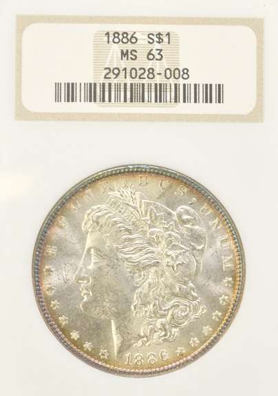 1886 MS63 Morgan Dollar, NGC, Blue Album Toning