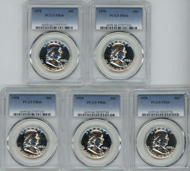 5 Superb Gem Proof 1958 Franklin Half Dollars. PCGS PR66