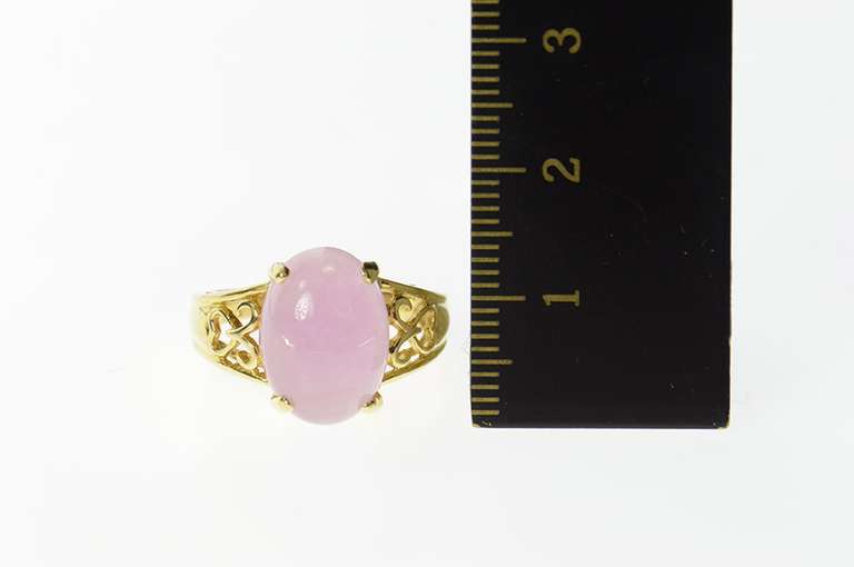 14K Yellow Gold Oval Rose Quartz Cabochon Heart Filigree Ring