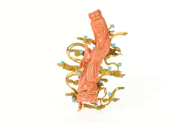 14K Yellow Gold Ornate Carved Chinese Coral Turquoise Lady Pin/Brooch