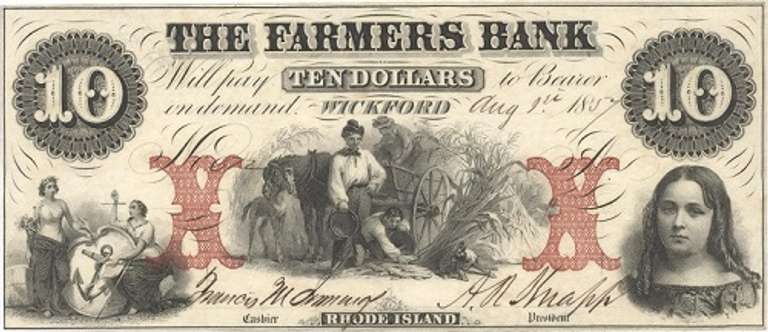 Gem Crisp 1857 $10 Farmers Bank Of Wickford Rhode Island-Very Tough Note!