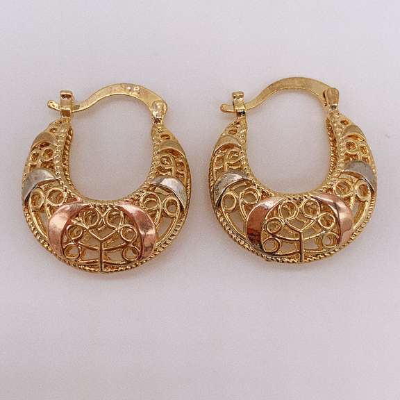 Fancy Italian 18kt Gold Plated Filigree Tricolor Hoop Earrings