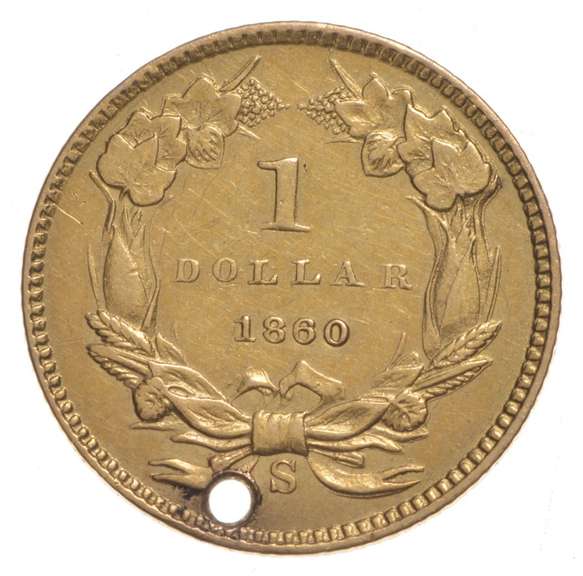 1860-S Indian Princess Head Gold Dollar - Holed