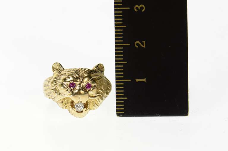 10K Yellow Gold Roaring Lion Ruby Diamond Tiger Statement Ring