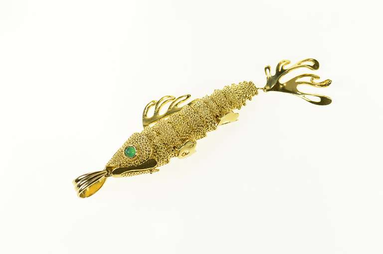 18K Yellow Gold Green Agate Elaborate Fish Statement Pendant