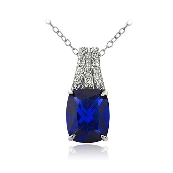 Sterling Silver Created Blue Sapphire & CZ Rectangle Necklace
