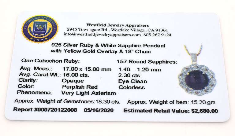Adorable Massive 16.00CTS Cabochon Cut Natural Star Ruby & White Sapphire Halo Necklace in Vermeil