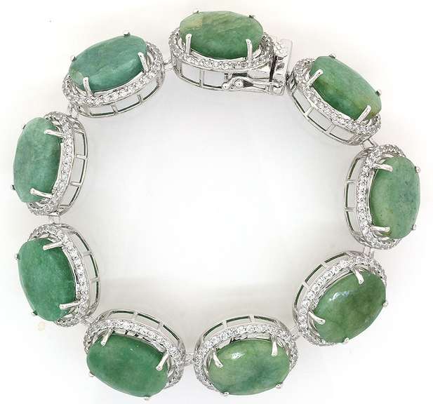 Gorgeous 80.05CTW Diamond Cut Natural Emerald & White Sapphire Bracelet in Platinum-Plated Silver