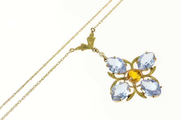 14K Yellow Gold Retro Syn.Tanzanite & Citrine Flower Necklace