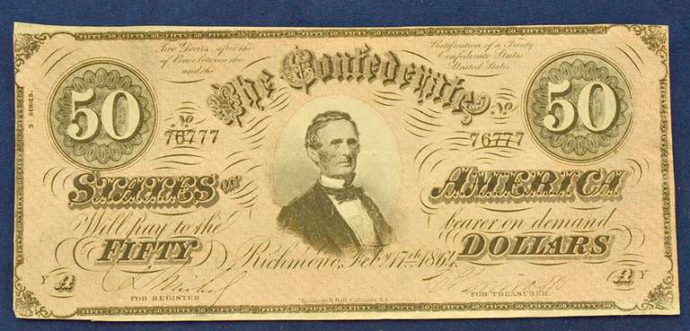 Uncirculated 1864 $50 Confederate States Note.