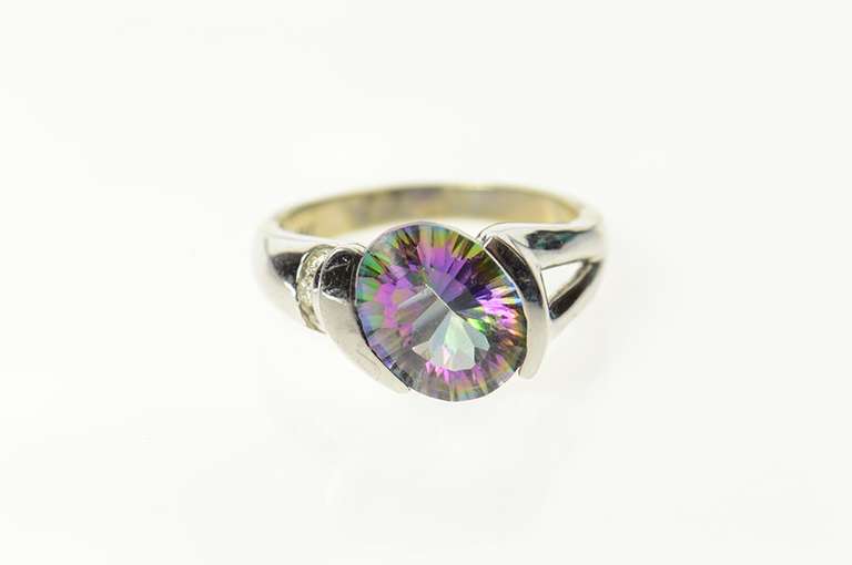 14K White Gold Oval Mystic Topaz Diamond Statement Ring