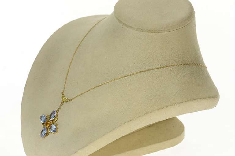 14K Yellow Gold Retro Syn.Tanzanite & Citrine Flower Necklace