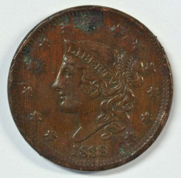 Needle-sharp XF/AU 1838 Corornet Head Large Cent.