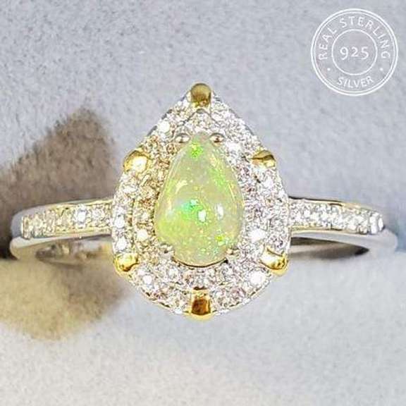 GENUINE AUSTRALIAN OPAL & CREATED WHITE SAPPHIRE 0.20 CT 925 STERLING SILVER ADJUSTABLE RING