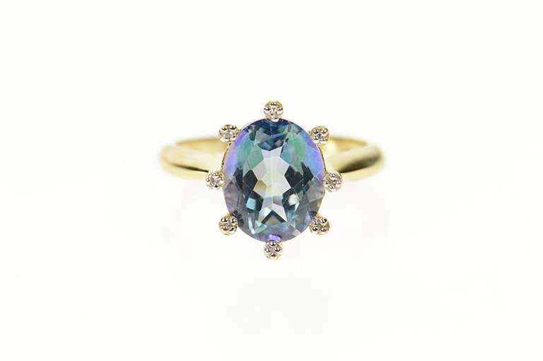 14K Yellow Gold Blue Mystic Topaz Diamond Halo Cocktail Ring