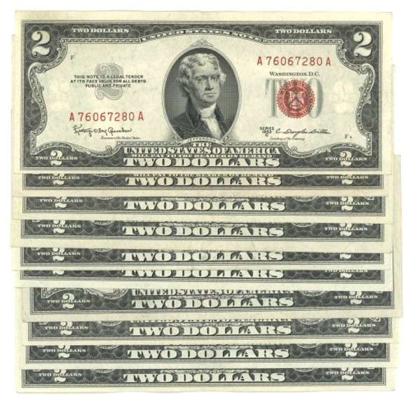10 Series of 1953/63 $2 Red Seal Notes in AU/CU