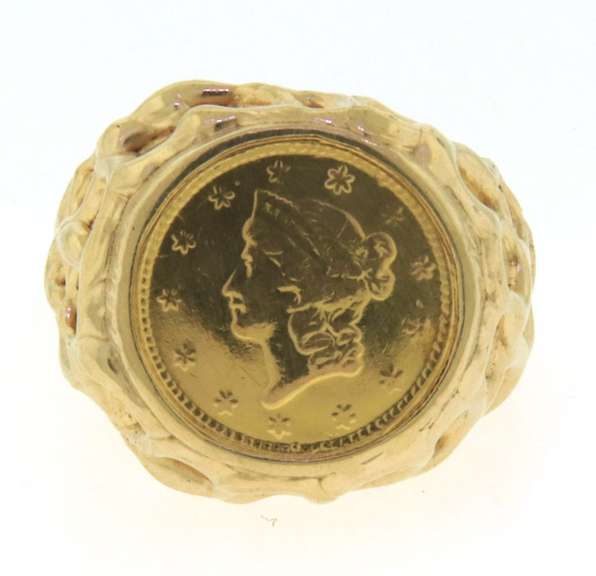 Wonderful Yellow Gold Nugget 1854 $1 Gold Coin Ring