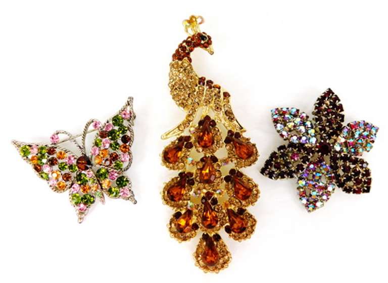 3 Colorful Figural Rhinestone Pins
