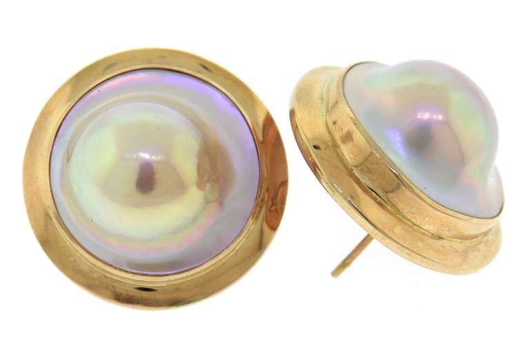 Fabulous Yellow Gold 20mm Mabe Pearl Earrings