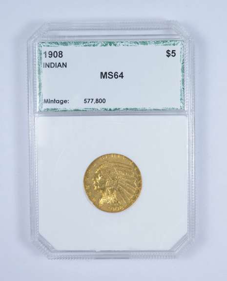 MS64 1908 $5.00 Indian Head Gold Half Eagle - Graded by PCI