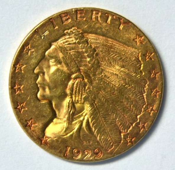 Lovely BU 1929 US $2.50 Indian Gold Piece. Fresh