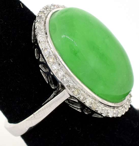 Terrific Massive 18.69CTS Jadeite & Diamond Ring in Sterling Silver