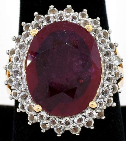 Ravishing Massive 10.00CTS Oval Diamond Cut Ruby & Topaz Ring in Vermeil