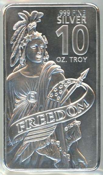Great 'Freedom' 10 Troy Oz. pure .999 Silver Bar in plastic