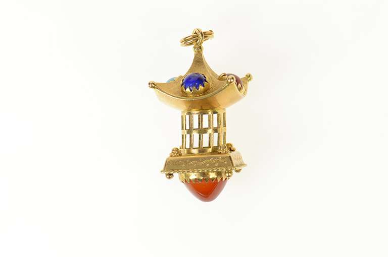 14K Yellow Gold Victorian Ornate Pagoda Bird Cage Elaborate Pendant