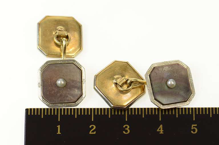 14K Yellow Gold Art Deco Mother of Pearl Seed Pearl Tuxedo Cuff Links