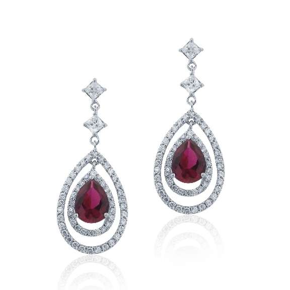 Sterling Silver Created 4ct Ruby & CZ Triple Teardrop Dangle Earrings