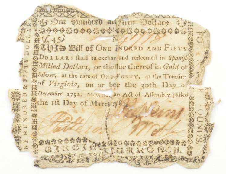 1792 Colonial Virginia 150 Dollars Spanish Milled Note