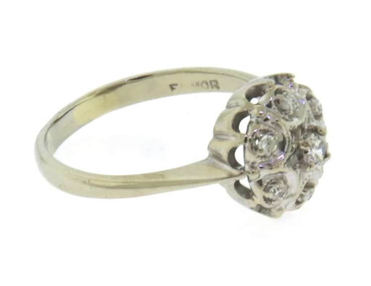 Dazzling White Gold Scroll Work Circle Diamond Cluster Ring