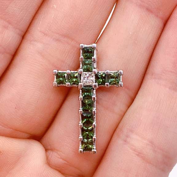 14kt Gold, Green Sapphire, & Diamond Cross Pendant