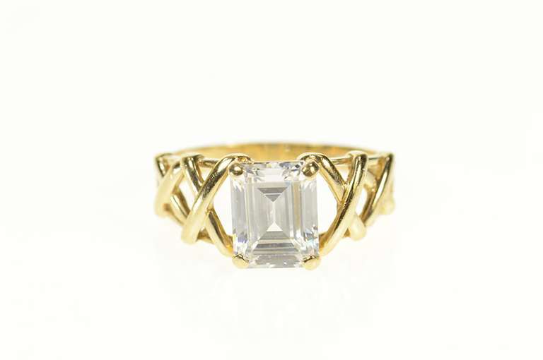 14K Yellow Gold Emerald Cut Woven Design Travel Engagement Ring