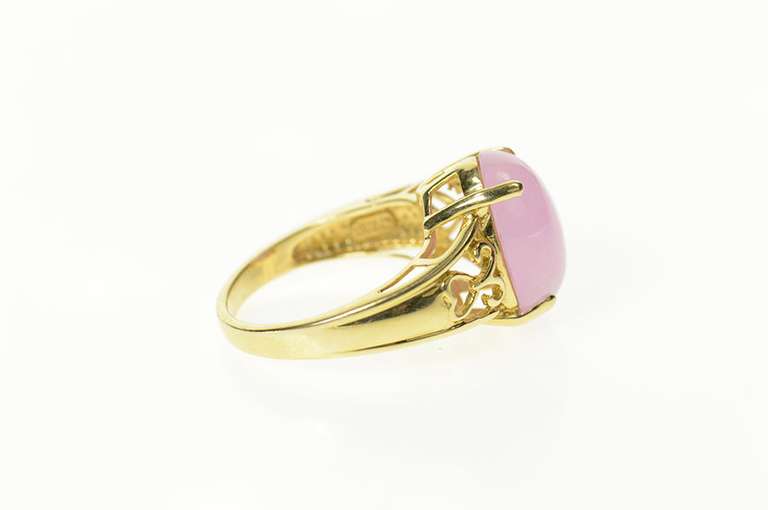 14K Yellow Gold Oval Rose Quartz Cabochon Heart Filigree Ring