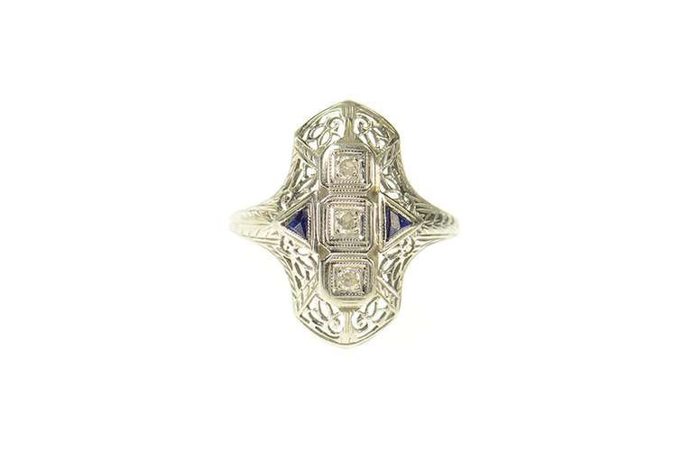 18K White Gold Art Deco Diamond Sapphire Filigree Engagement Ring