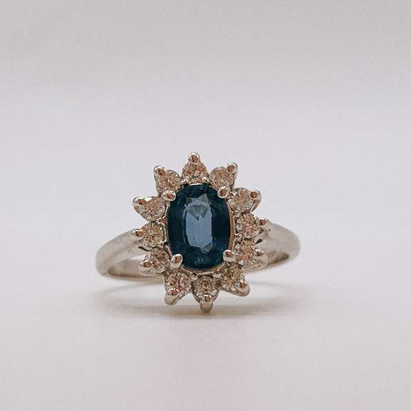 14kt Gold, Blue Sapphire, & Diamond Halo Ring
