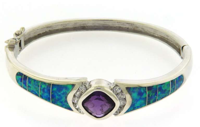 Sterling Silver Amethyst Cubic Zirconia and Opal Hinged Bangle