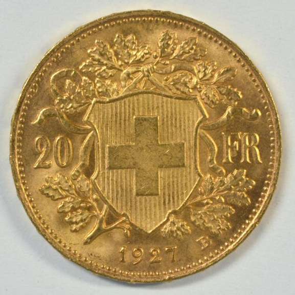 Lovely Gem BU 1927-B Swiss 20 Francs Gold Piece