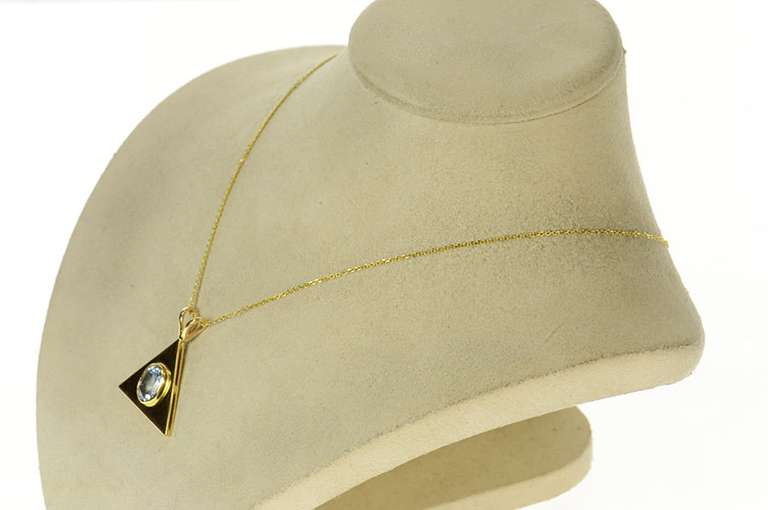 18K Yellow Gold Oval Blue Topaz Solitaire Triangle Statement Pendant