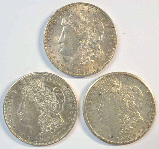 Very nice 1921 P-D-S Morgan Silver Dollars. Last year issue