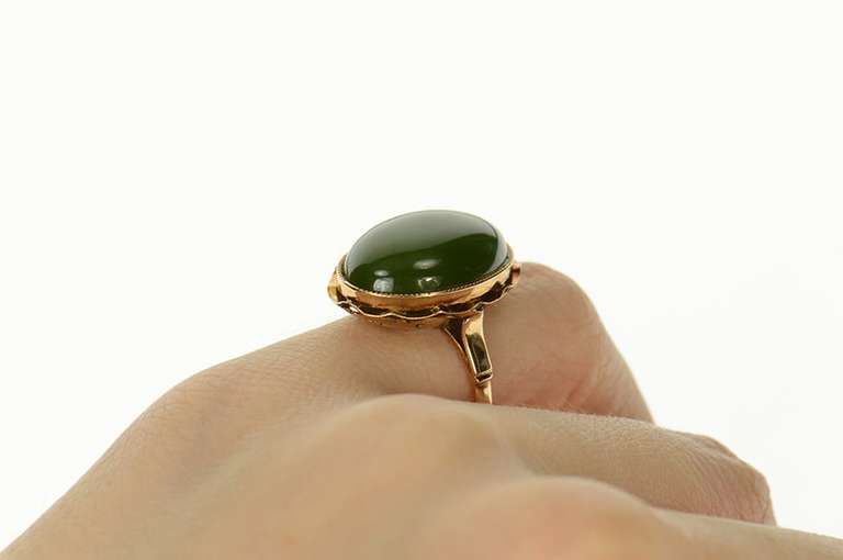 18K Yellow Gold Ornate Victorian Nephrite Cabochon Statement Ring