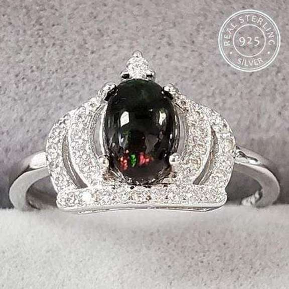 GENUINE ETHIOPIAN BLACK OPAL & CREATED WHITE SAPPHIRE 0.50 CT 925 STERLING SILVER ADJUSTABLE RING