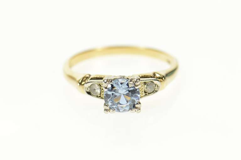 14K Yellow Gold 1940's Blue Topaz CZ Accent Statement Ring