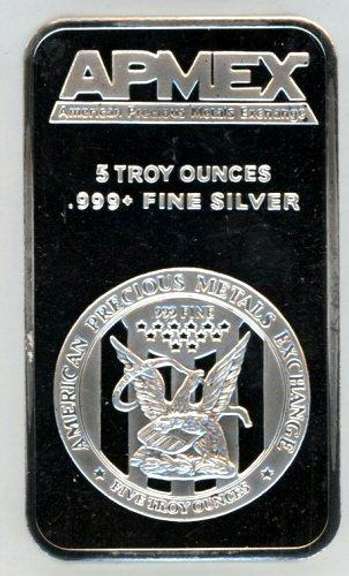 Special Prooflike APMEX 5 Troy Oz Silver Bar in plastic