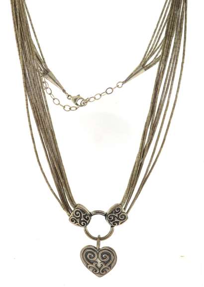 Multi Strand Sterling Silver Necklace with Heart Shaped Pendant Charm