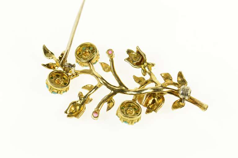 14K Yellow Gold Ornate Turquoise Ruby Flower Statement Pin/Brooch