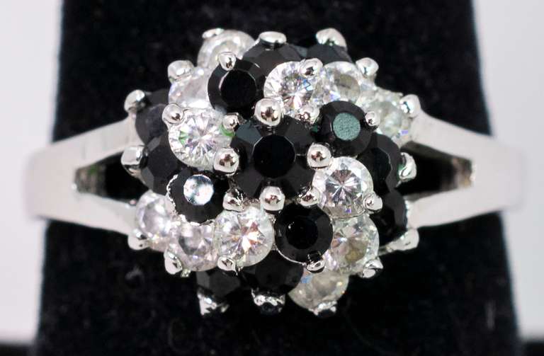 Flashy Black & White CZ Cluster Ring in Sterling Silver